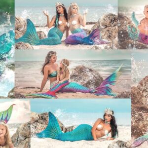 Girl wearing fantasy mermaid tail near water