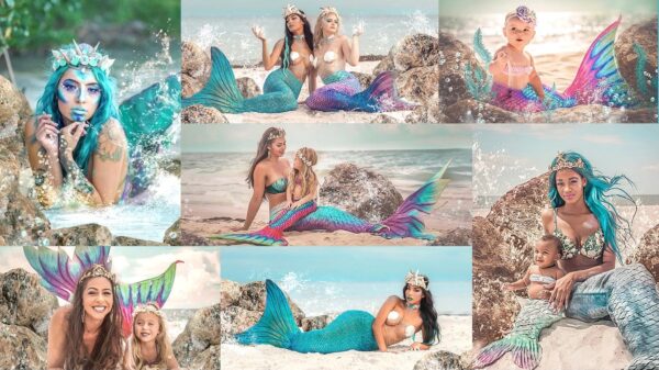 Girl wearing fantasy mermaid tail near water