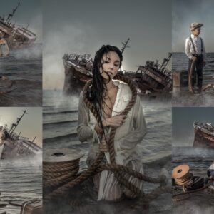 Family on a desolate beach with scattered suitcase and ship going under in background as if they shipwrecked