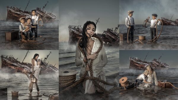 Family on a desolate beach with scattered suitcase and ship going under in background as if they shipwrecked
