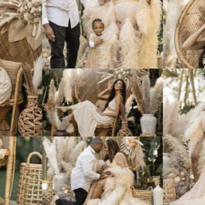Family portrait with a teepee and boho decor