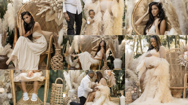 Family portrait with a teepee and boho decor
